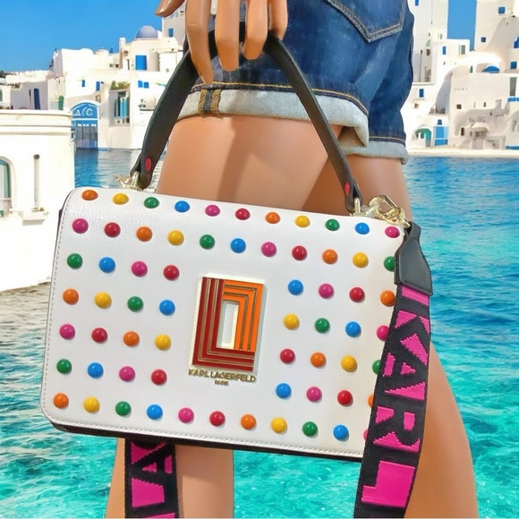 Karl Lagerfeld Paris Simone Leather Crossbody Multi Color Dots Purse Handbag NWT - Picture 1 of 11